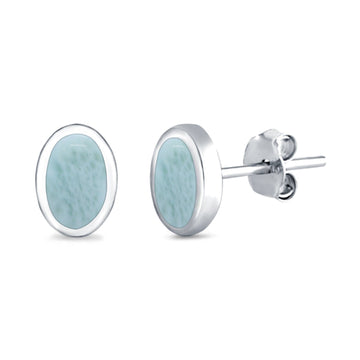 Solitaire Oval Stud Earrings Natural Larimar 925 Sterling Silver